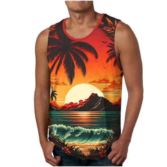 Penkiiy Hawaiian Tank Tops Men Summer Stylish Tropical Print Sleeveless T Shirt Workout Beach Vest Round Neck Casual Tee S Orange