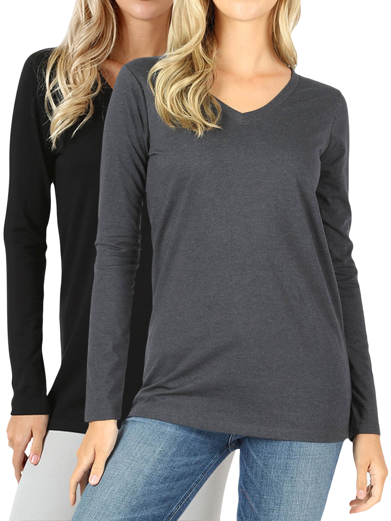 Womens T-Shirts Slim Long Sleeve v Neck T Shirts Sweatshirts Cotton Black t-Shirt Tops Jinjiums