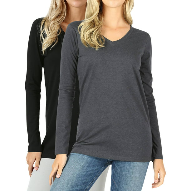 Women Basic Cotton Relaxed V-Neck(S-3X) Long Sleeve T-Shirt Top & Multi-Packs Available) - Walmart.com