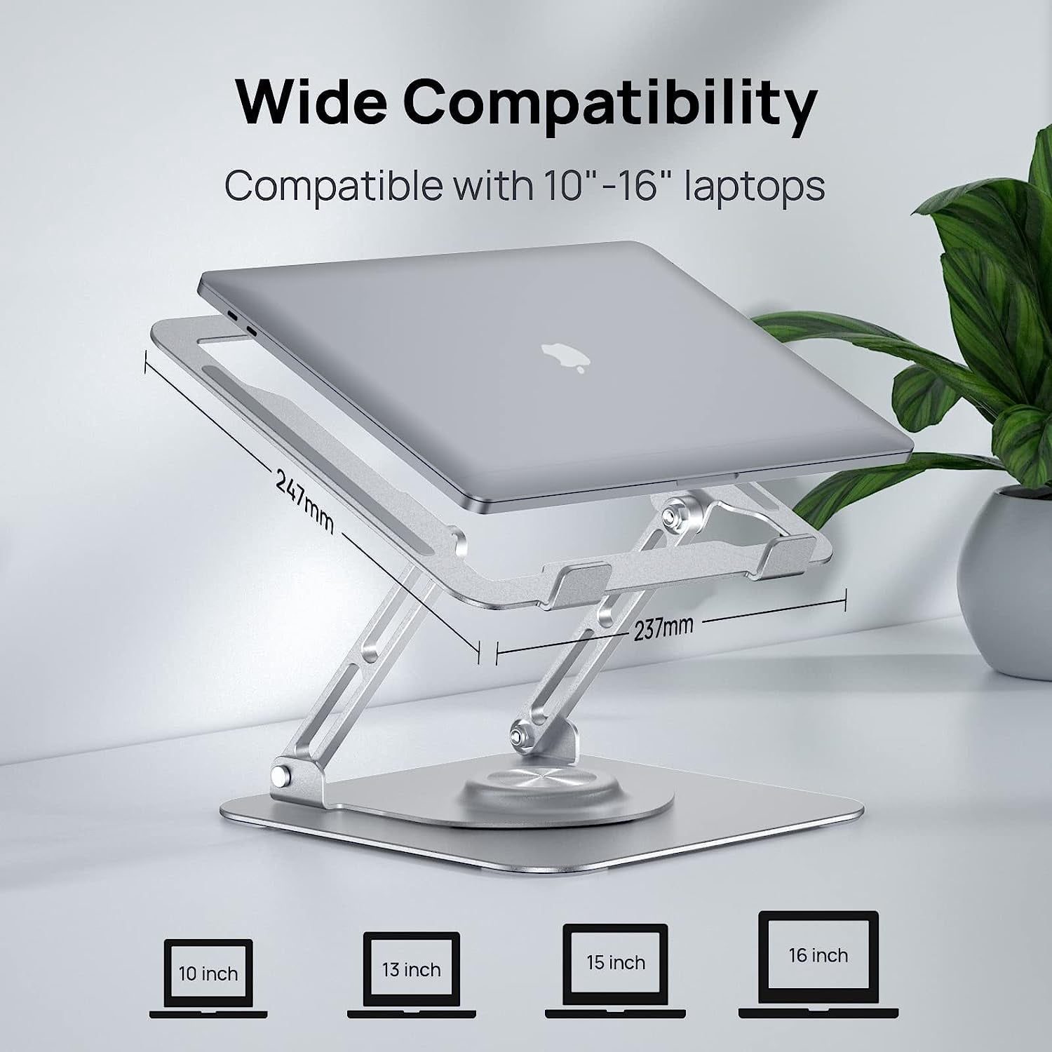 AUBEAMTO Adjustable Laptop Stand with 360° Rotating Heavy Base, Ergonomic Laptop Riser for Desk, Stable Laptop Holder for Collaborative Working, Suit for 10-15.6" PC Computer, Dual Shaft, Silver