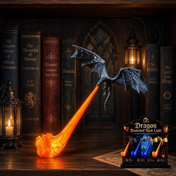 Dragon Bookshelf Nook Light, 3D Printed Fire-Breathing Fantasy Shelf Decor | Flying Dragon Design | Red or Blue Flame | Large & Small Options | Book Lover Gift | Halloween Shelf Display