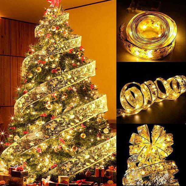Decoraciones navideñas Luces de cinta LED, (2x16 pies) 100 luces Decoraciones de cinta para árbol de Navidad emisores de luz, Guirnalda de cinta para árbol de Navidad de encaje con pilas (Oro)