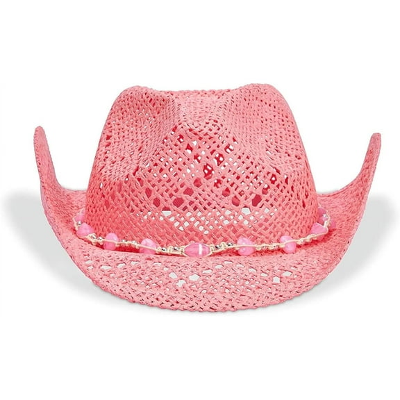 Pink Cowboy Hat for Women - Pink Straw Beach Hat, Cute Cowgirl Hat with Beaded Heart Trim and Braided Chain (Adult Size)