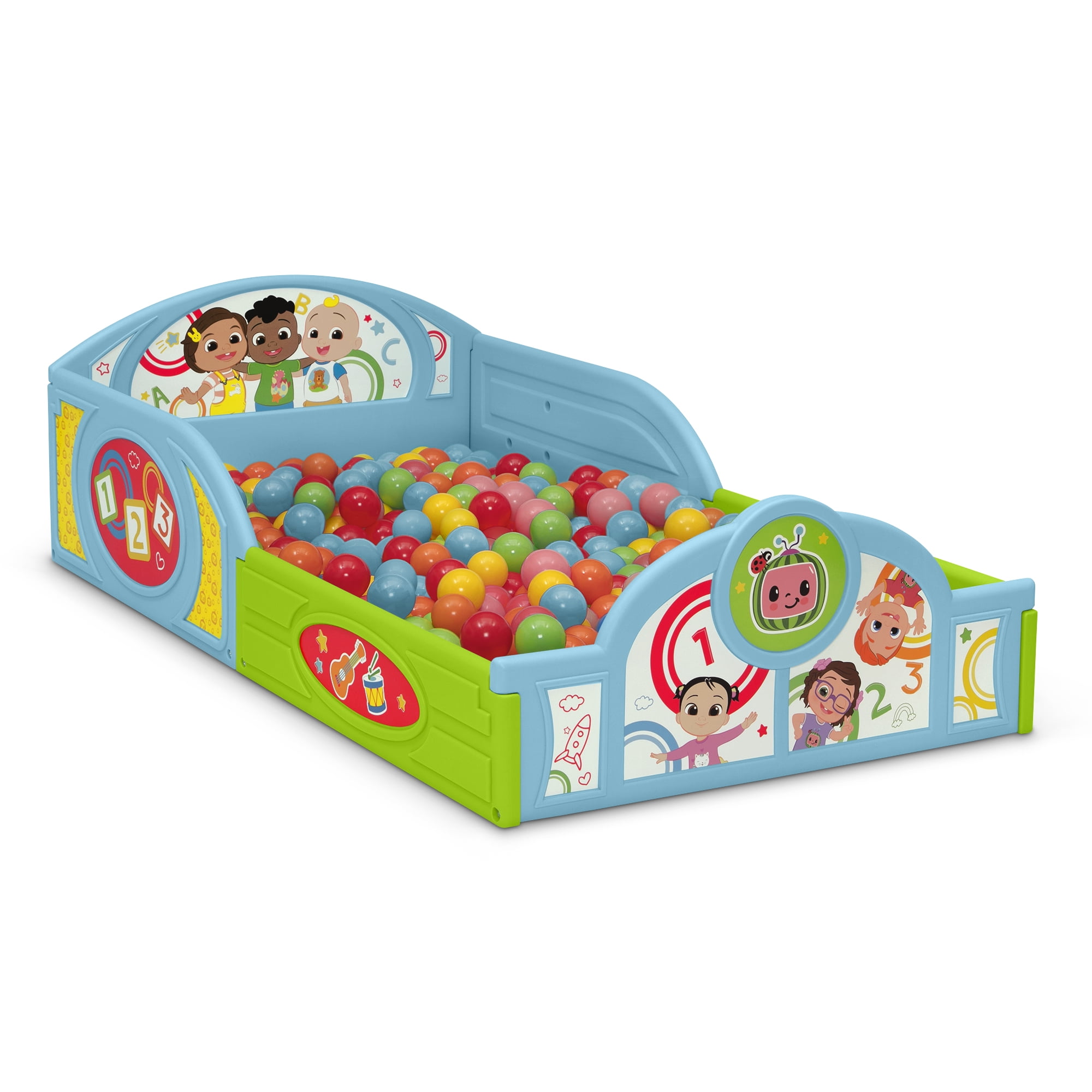 CoComelon Sleep and Play Toddler Bed with Built-In Guardrails by Delta Children, Blue/Multi