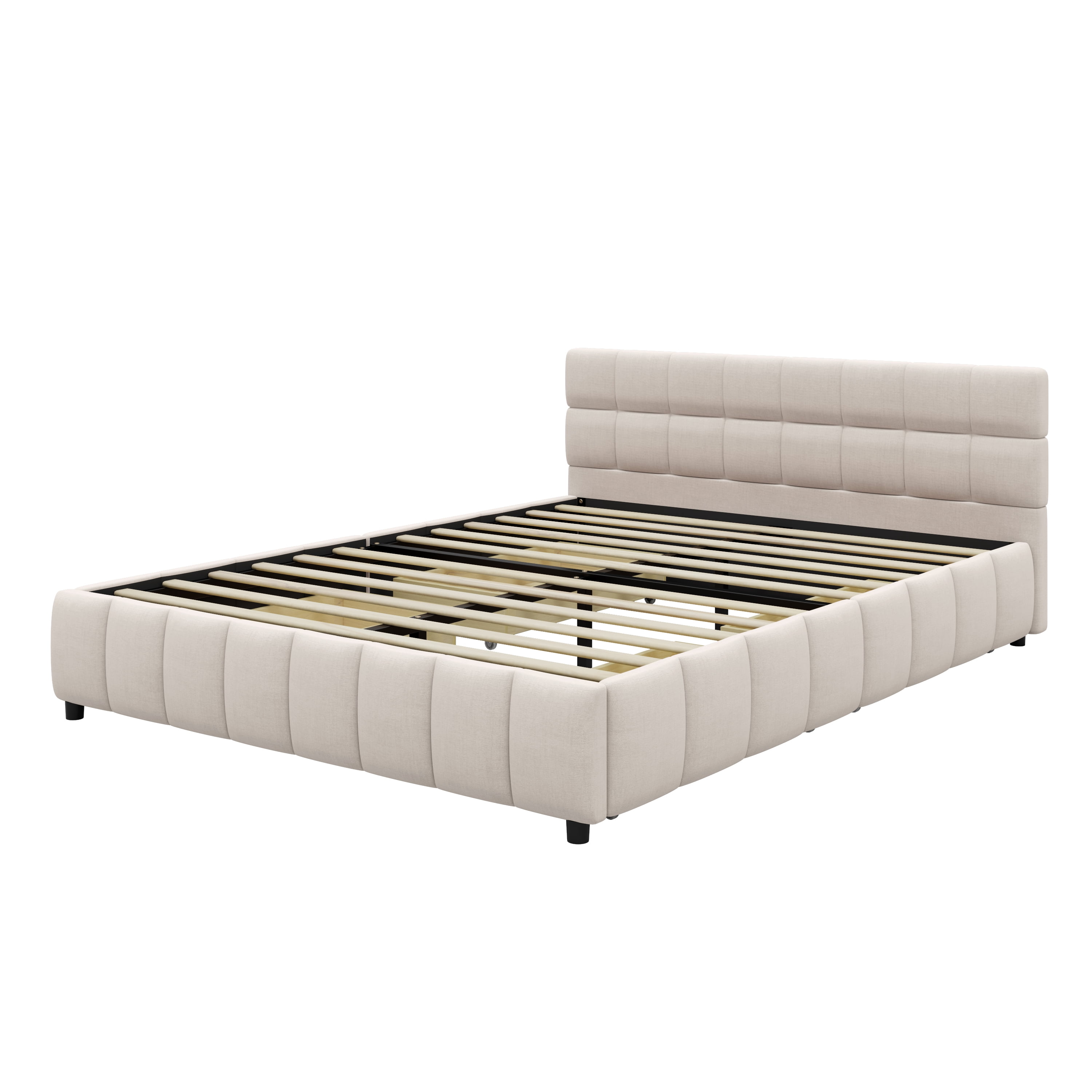 Howcool Queen Size Upholstered Platform Bed Frame with 4 Storage Drawers,Tufted Headboard,Linen Low-profile Bed with Wooden Slats,No Box Spring Needed,Beige