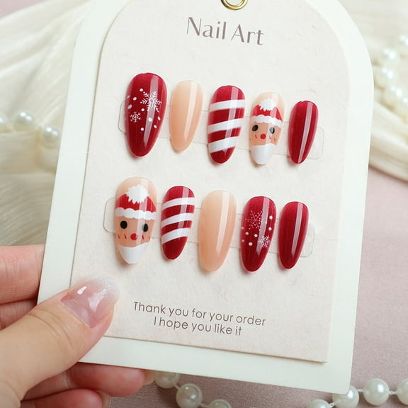 Christmas Press on Nails, 24PCS Almond Cat Eye Fake Nails with Snowflake & Santa Claus, Premium Painted Stripe Nail Art Kit, Reusable Glue-on Nails for Women Holiday Manicure