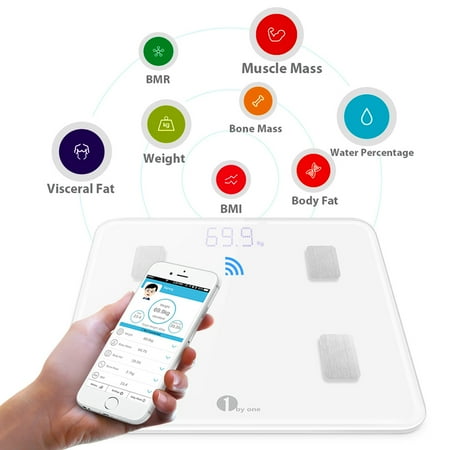 - 1byone Digital Smart Wireless Body Fat Scale Weight scale with IOS and Android App to Manage Body weight, Body Fat, Water, Muscle Mass, BMI, BMR, Bone Mass and Visceral Fat, White