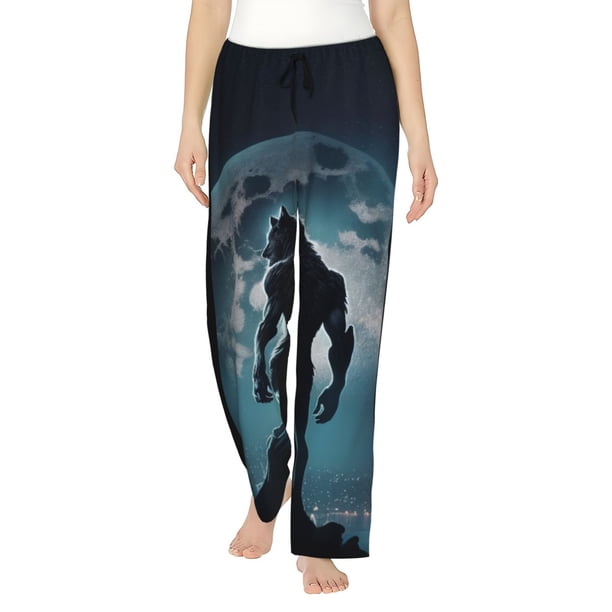 Balery Moon Wolf Warrior Pantalones de pijama para mujer, pijamas ultraligeros, pantalones de estar por casa-X-Large