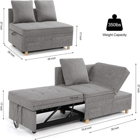 4-in-1 Convertible Sleeper Sofa, Multi-functional Linen Fabric Couch with Adjustable Backrests & Pillows for Small Spaces, Grey