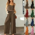thumbnail image 7 of Women's Summer Cotton Linen Two Piece Casual Sets Sleeveless Tank Tops with High Waist Wide Leg Palazzo Pants Solid Loungewear Orange,L, 7 of 7