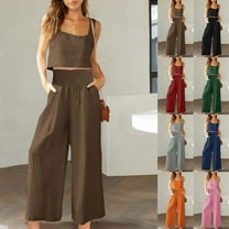 UVEASISHA Cotton Linen Set for Women Boho Summer Beach Outfits 2 Piece Sleeveless Cropped Tank Tops and High Waist Wide Leg Pant Sets Wine XXL