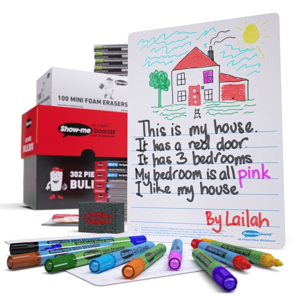 Show-me Bulk Box of 100 x Picture Story dry erase boards, pens and erasers plus free cleaner