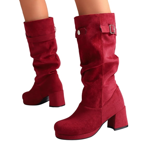 Womens Platform Boots Casual Suede Slouchy Pull on Mid Calf Winter Booties Block Heel Buckle Strap Dress Long Boots Red Size 5.5