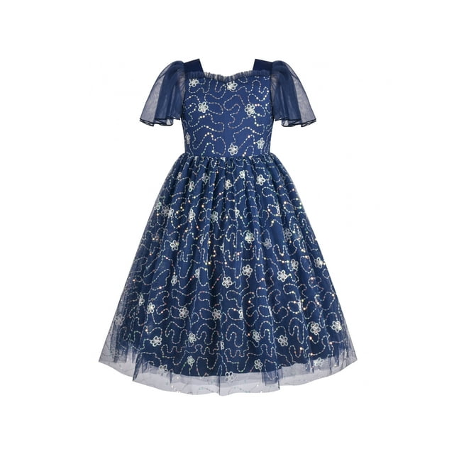 Robe Fille Bleue à Sequins Col à Volants Maxi Nœud Papillon Manches Courtes 12 Ans