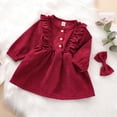 thumbnail image 4 of Toddler Baby Girl Fall Spring Dress Corduroy High-Waist Ruffle Buttons Princess Dress With Bow Headband, 4 of 7