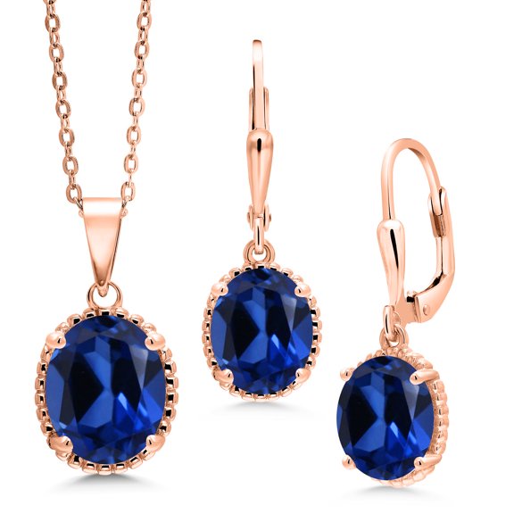 Gem Stone King 9.60 Ct Blue Created Sapphire 18K Rose Gold Plated Silver Pendant and Earrings Jewelry Set