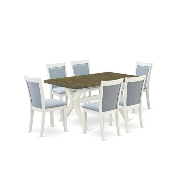 East West Furniture X076MZ015-7 7-Piece Kitchen Table Set Consists of a Dinner Table and 6 Baby Blue Parsons Chairs - Wire Brushed Linen White Finish
