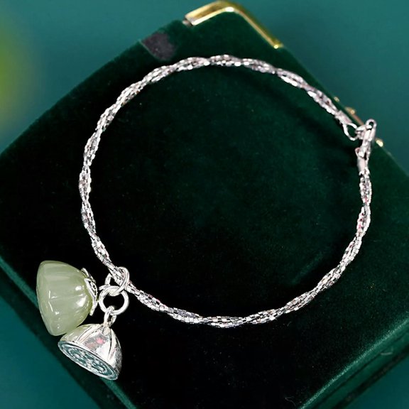 K-KED Solid 925 Sterling Silver Bangle Women Natural Jade Lotus Twist Rope Bracelet 8g