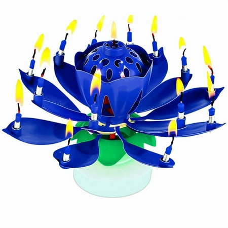 PMU Birthdays Lotus Flower Musical Birthday Candle Spinning Birthday Cake Decoration Blue pkg/1