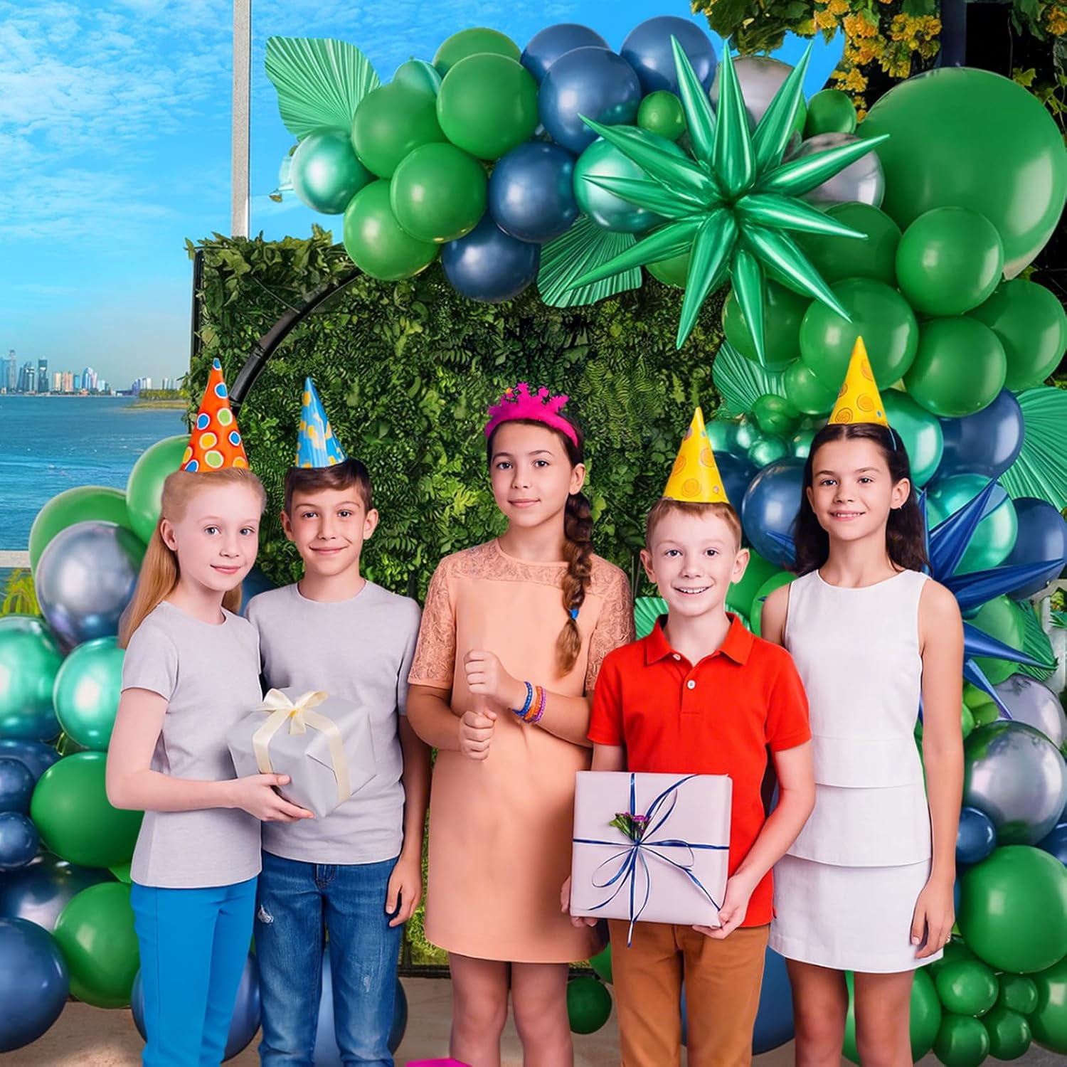 Blue and Green Balloon Arch Kit, Navy Blue Dark Green Balloon Garland Arch Kit with 4D Star Foil Balloon Confetti Balloons for Birthday Party Decor Jungle Safari Graduations