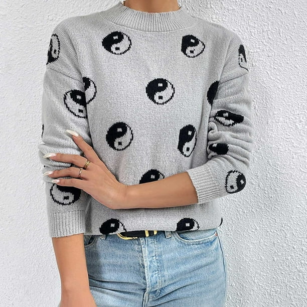 Suéter de cuello redondo para mujer, moda de manga larga, cuello redondo navideño, blusa holgada de tendencia, suéter de punto, suéter para mujer