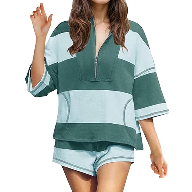 Striped Short Set Two Piece Sets for Women Summer Oversized Lounge Set Top and Shorts Sets with Pockets