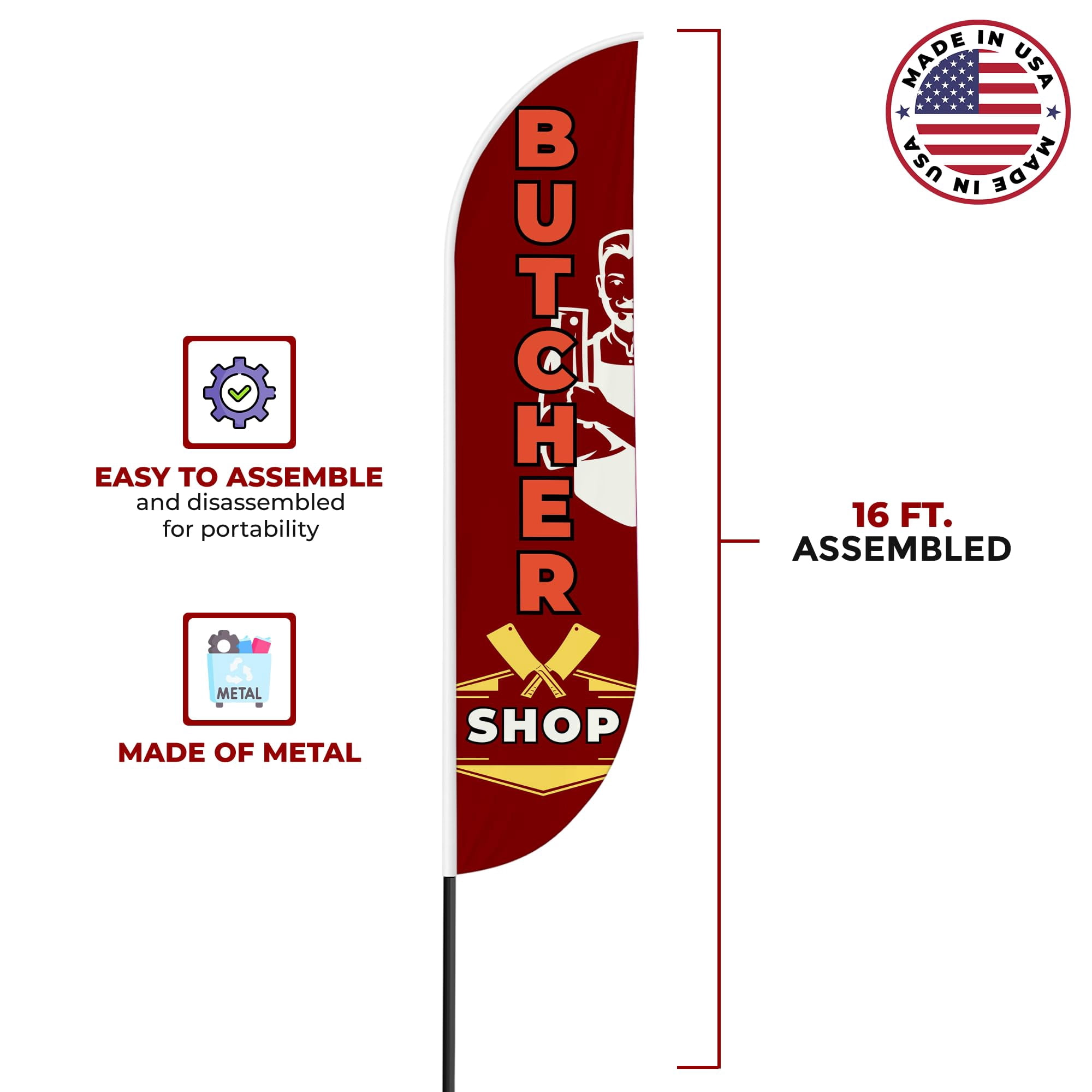 Butcher Shop Sign feather flag Pole Mount Outdoor by Mavis Printing-15 FEET Long Polyester Outdoor Banner Flag Easy Hang | HD Print Swooper Flag Pole Kit Advertise Butcher Shop Business