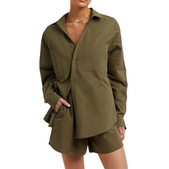 Women'S 3 Piece Outfits Set Spaghetti Strap Tank Top Long Sleeve Cover Up Blouse Casual High Waist Shorts Green S