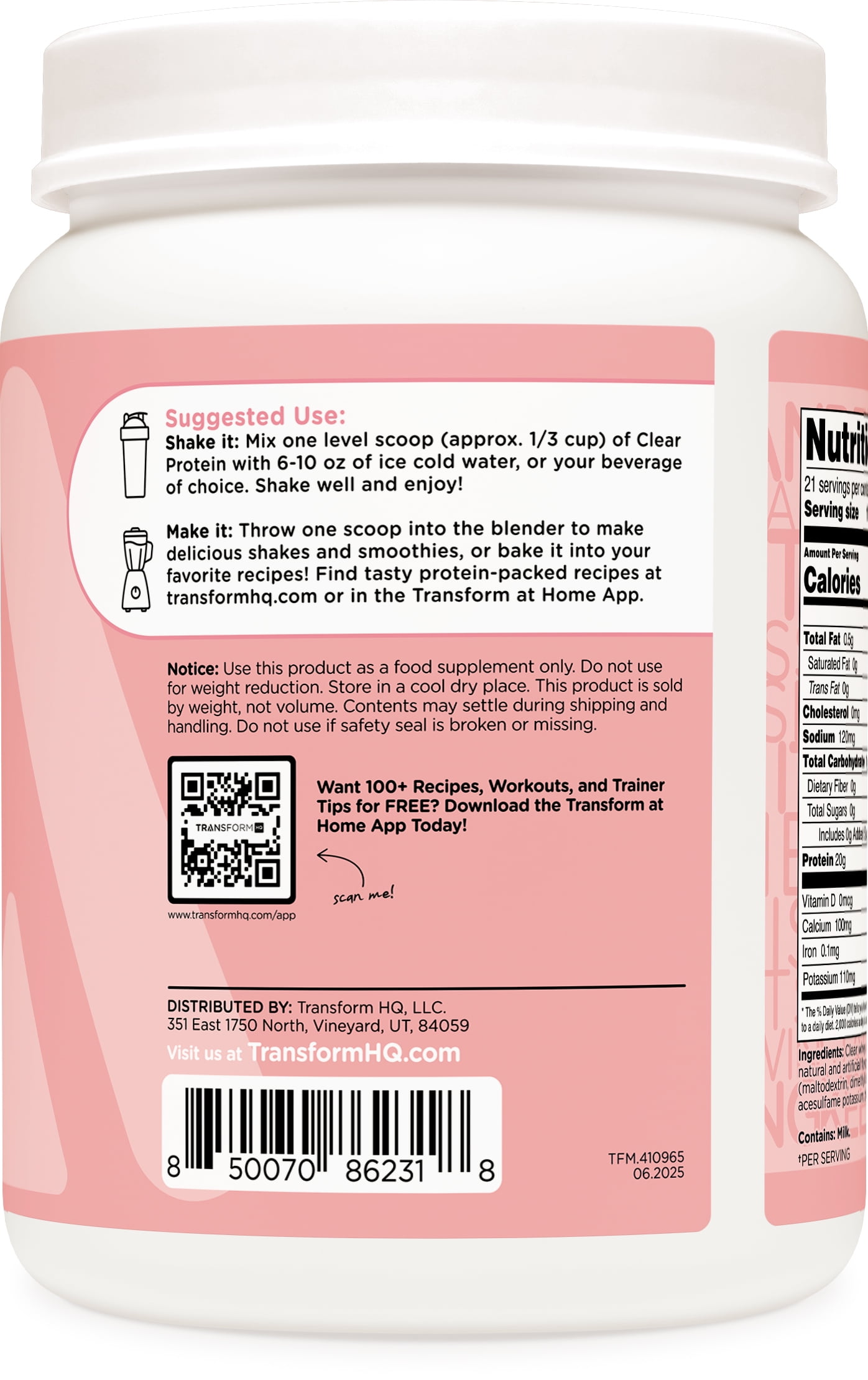 TransformHQ Clear Protein Powder (Cotton Candy) 21 Servings - Whey Protein Isolate, 20g of Protein, 90 Calories, 0g Added Sugars