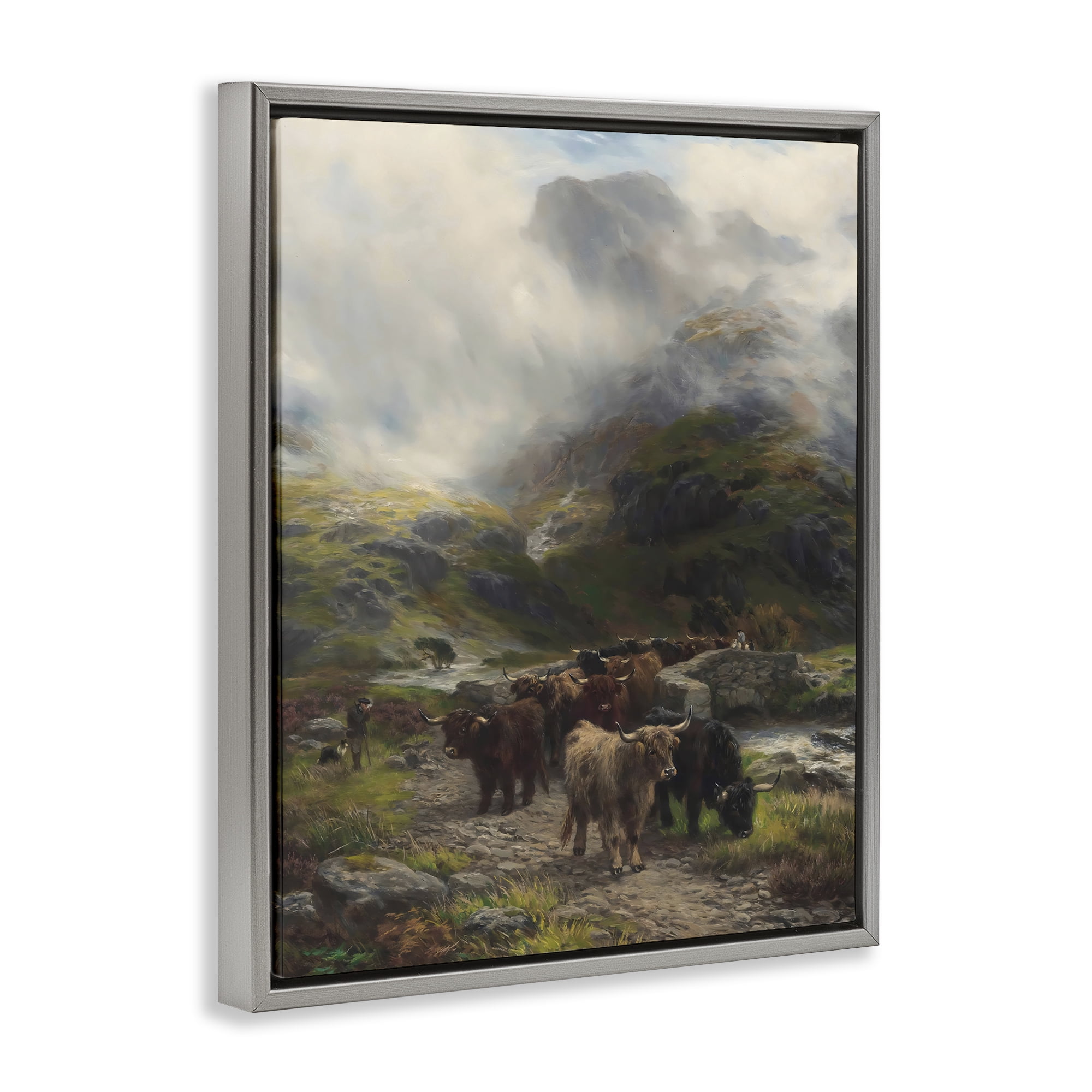 Stupell Industries Moody Highland Cows Herd Gray Framed Floater Canvas Wall Art, design by Arlington Prints