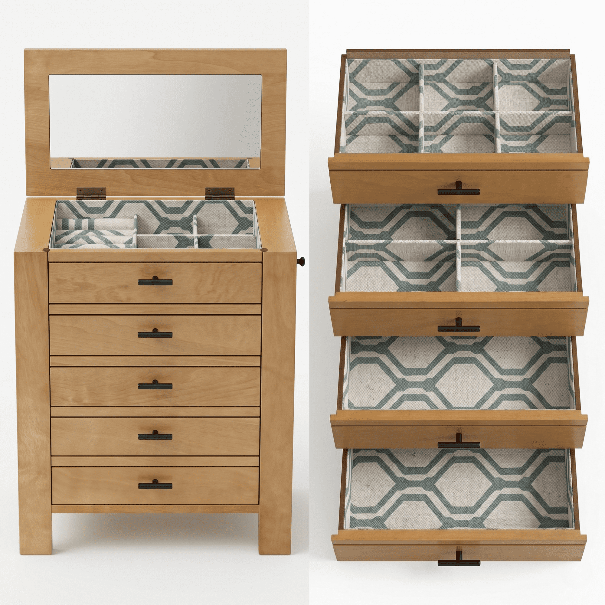 Hives and Honey Emma Wood Jewelry Chest: Modern Pine Tabletop Storage with 4 Drawers for Women