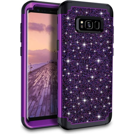 Casetego Compatible with Samsung Galaxy S8 Case,Glitter Bling Heavy Duty Hybrid Sturdy Shockproof Protective Cover for Girls Women,Shiny Purple