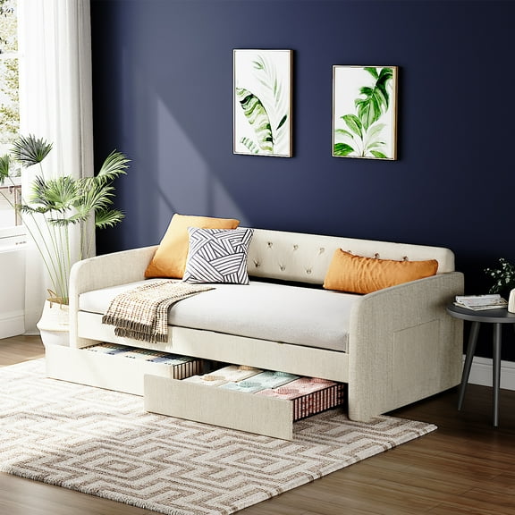 Ktaxon Twin Size Upholstered Daybed, Wooden Sofa Bed with 2 Drawers & Button Tufted Backrest, Light beige