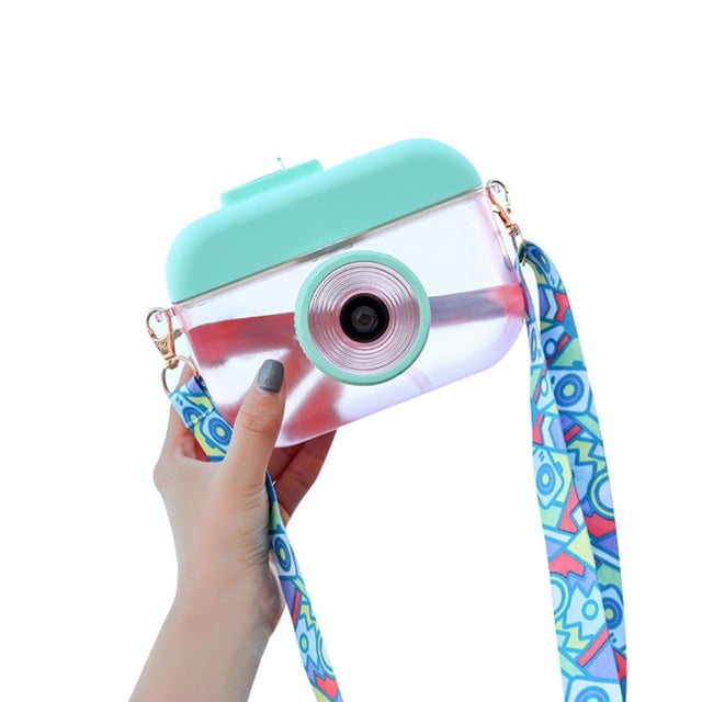 Taza de agua con forma de cámara para niñas, botella de agua con pajita, jarra de agua potable con correa ajustable para el hombro, 400ML