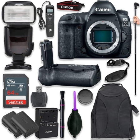 Canon EOS 5D Mark IV Digital SLR Camera Body with Pro Camera Battery Grip  Professional TTL Flash  Deluxe Backpack  Universal Timer Remote Control  Spare LP-E6 Battery (16 Items)