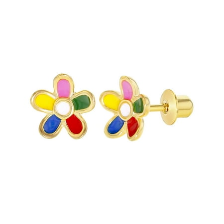 18k Gold Plated Multicolor Enamel Flower Screw Back Earrings Toddlers Girls 8mm