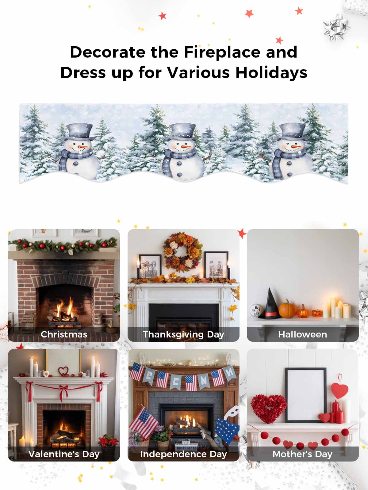 Christmas Blue Snowman Fireplace Mantle Scarf Winter Snow Scene Pine Tree Forest Bird Mantel Cover Runner Fireplace Cloth for Holiday Party Home Living Room Decor 70 x 17 Inch