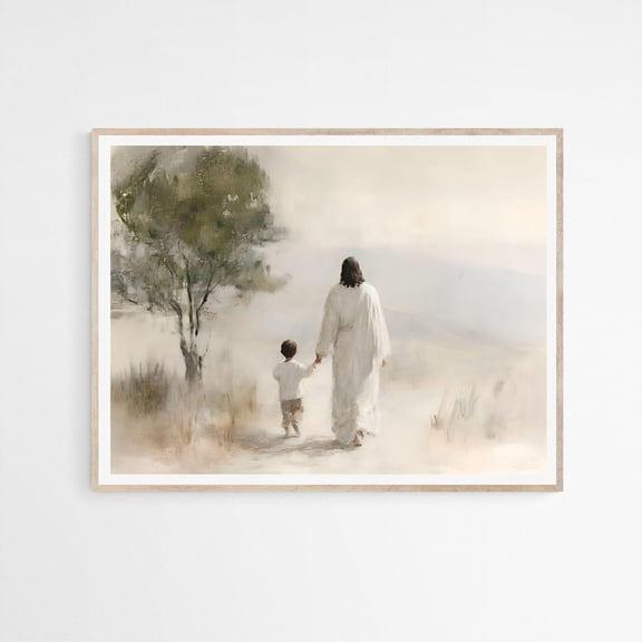 Jesus Walks With A Little Boy , Child Of God, Christ'S Embrace Wall Art ,Modern Bible ,Christian Faith UNFRAMED Poster, Wall Art for Decor, Present, 8x12