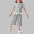 thumbnail image 2 of BLTIBY Girls Summer 2 Piece Outfits Cute Bows Ruffle Ribbed Short Sleeves Tops and Wide Leg Capri Pants Clothing Sets Gray 4-5 Years, 2 of 6