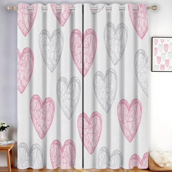 Valentine's Day Theme Blackout Curtains For Bedroom, Pink Thermal Insulated Curtains For Living Room, Heart Shaped Pattern Darkening Drapes 38"W x 45"L (Pack of 2)