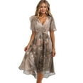 thumbnail image 5 of Womens Floral Maxi Dress - Short Sleeve Summer Boho Wedding Guest Dress Tie Waist Empire Waist Chiffon Modest Midi Dresses Light Brown S, 5 of 7