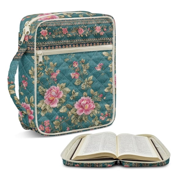 chaqlin Ethnic Rose Bible Cover for Women, Large Bible Bag Quilted Fabric Book Carrying Case with Inner Pen Slots Study Supplies Accessory Holder
