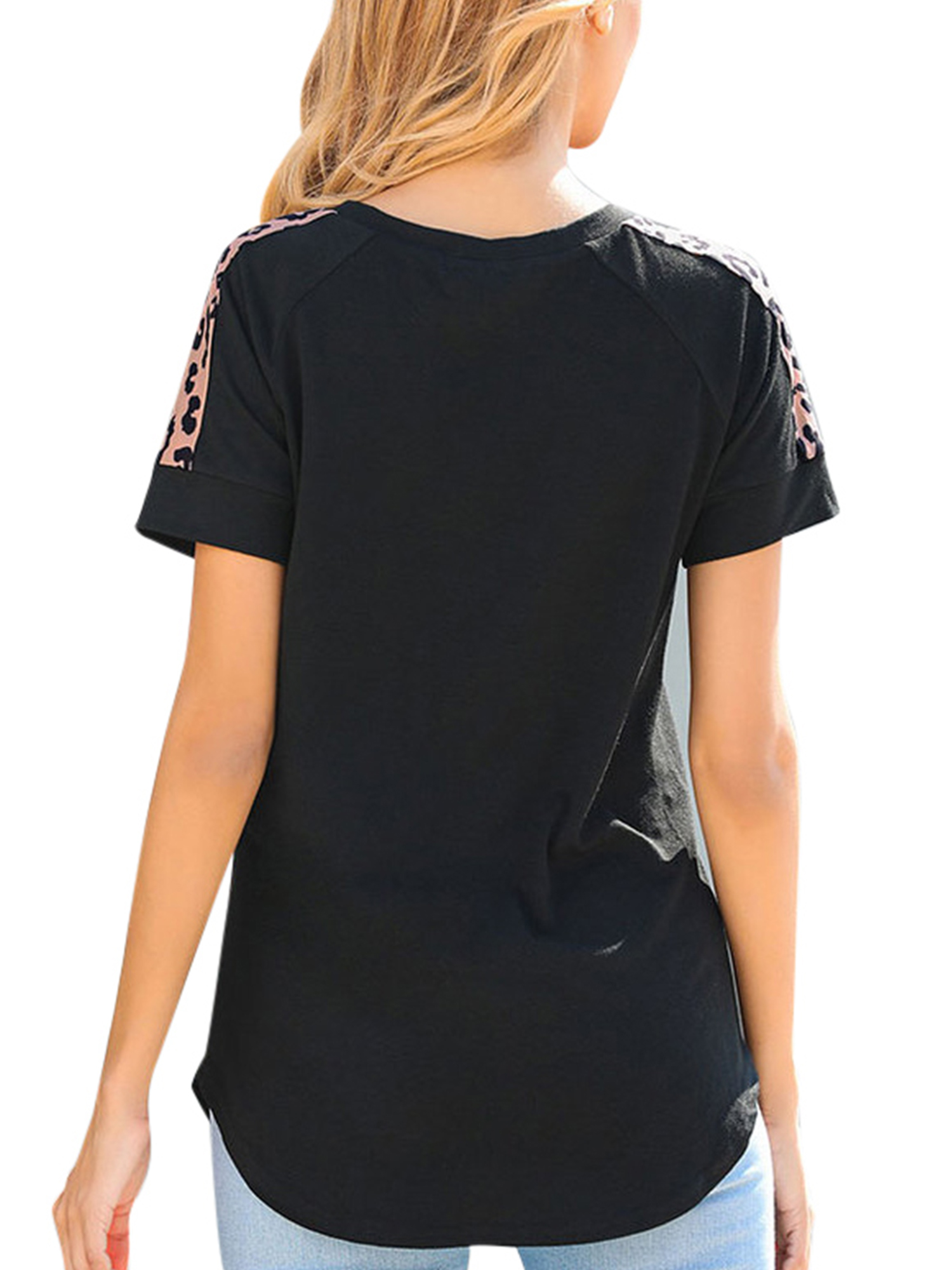 FEMLE Women Cute Shirts Leopard Color Block Short Sleeve T-Shirt Twist Knot Hem Tops Blouse