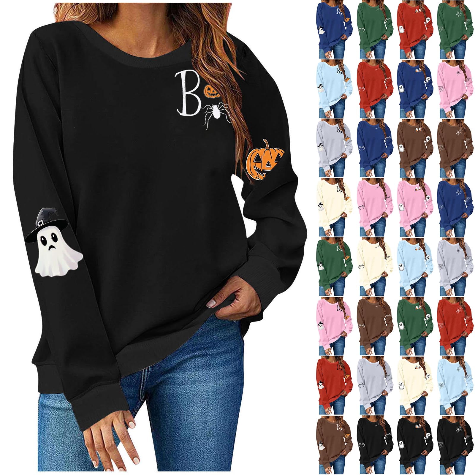 BiZtdJrK Chandails en Molleton à Col Rond pour Femmes, Imprimé Toile d'Araignée, Manches Longues, Chandail d'Halloween Confortable, Chandail en Molleton de Détente, Marine TG