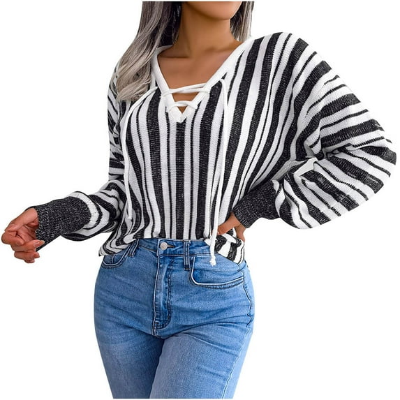 Womens Fall Fashion 2022! QLEICOM Sweaters for Women, Women's Fashion Autumn Winter Long Sleeve Stripe Contrasting Lantern Sleeve V-Neck Sweater Tops On Clearance
