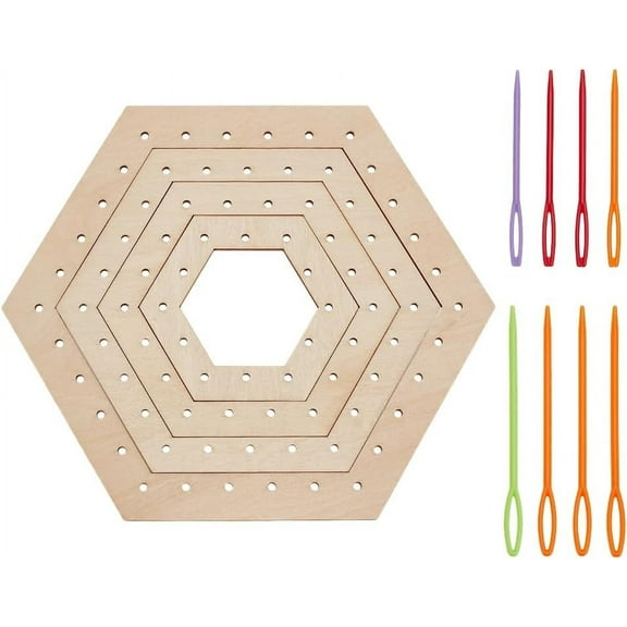 Wood Crochet Blocking Board with Iron Knitting Loom Hook Plastic Sewing Needles Hexagon 6.9~15.6x8~17.9x0.3cm 4pcs/set