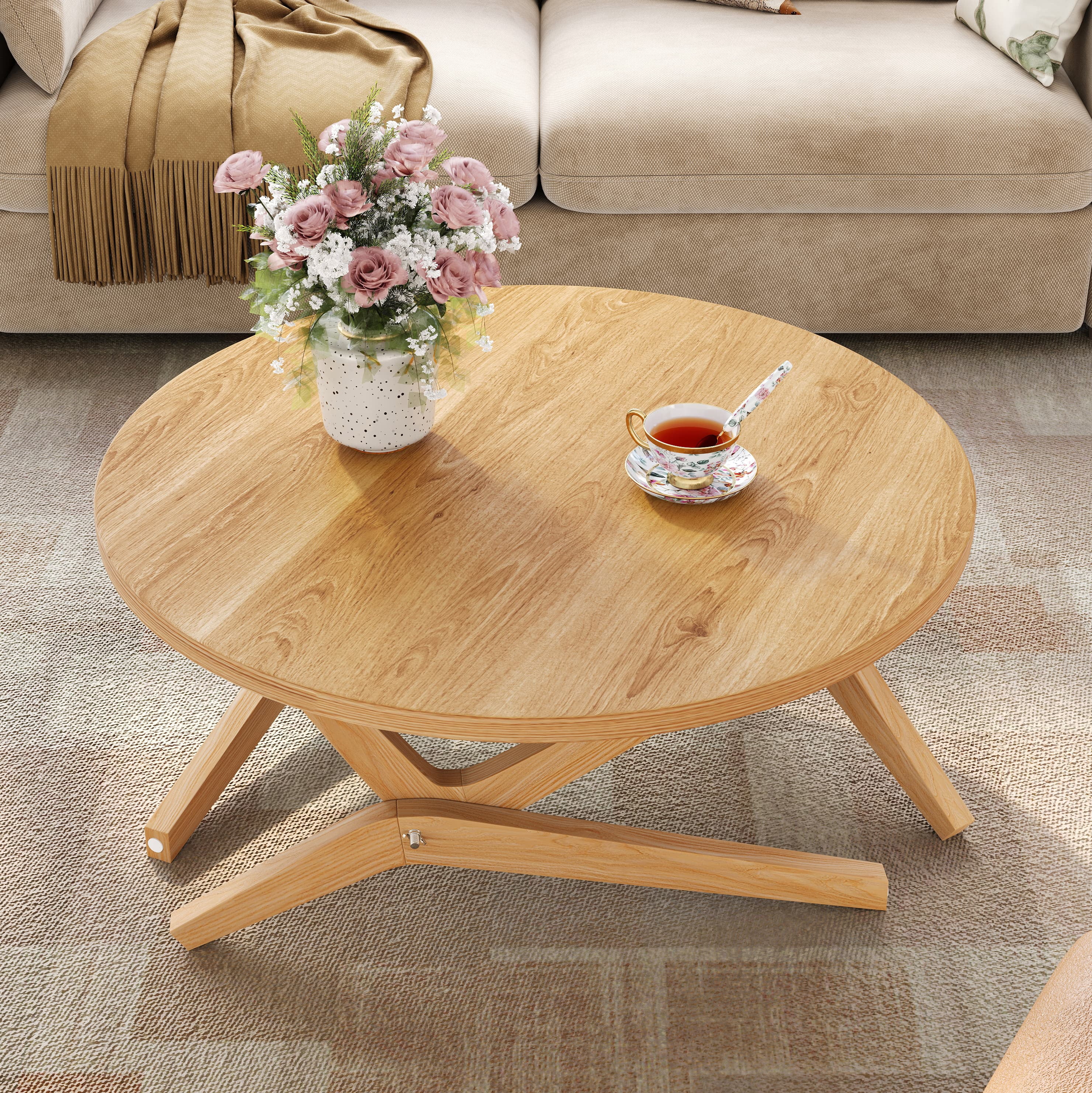Aukfa 34.5" Convertible Round Dining Table to Coffee Table, Adjustable Height Wood Transformer Table for Small Space, Natural
