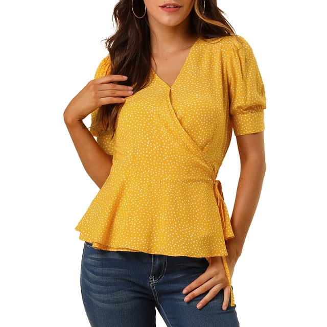 INSPIRE CHIC Women's Dots Print Tie Waist Ruffle Hem V Neck Wrap Peplum Tops