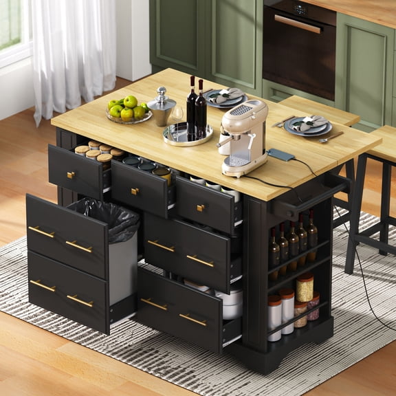 Euroco Kitchen Island with Charging Station, 6 Drawers, Drop Leaf, Trash Cabinet, and Open Shelves