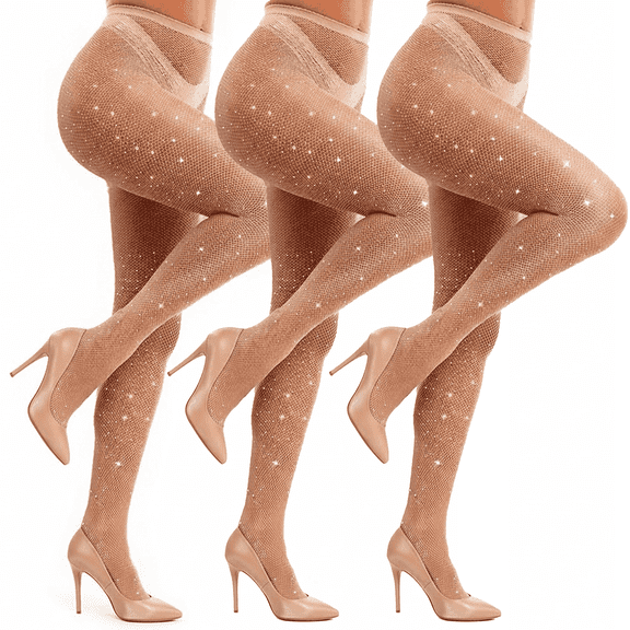Fiykzur Women's Sheer Fishnet Tights with Jeweled Rhinestone - High Waist Sparkly Stockings for Party, Nude